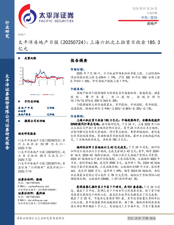 房地产日报：上海六批次土拍首日收金185.3亿元