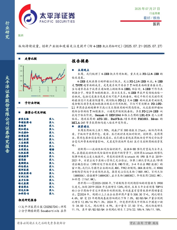 医药行业周报：板块持续放量，创新产业链和疫苗关注度提升（附4-1BB靶点药物研究）