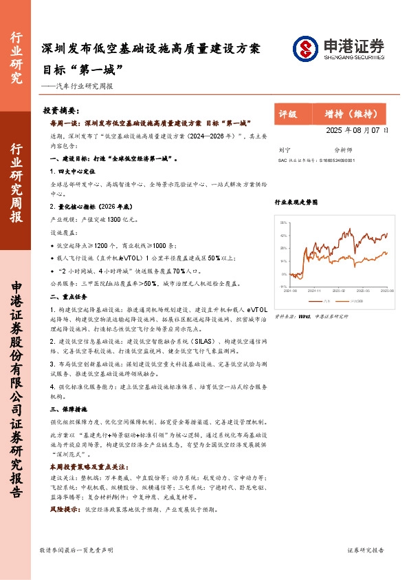 汽车行业研究周报：深圳发布低空基础设施高质量建设方案 目标“第一城”