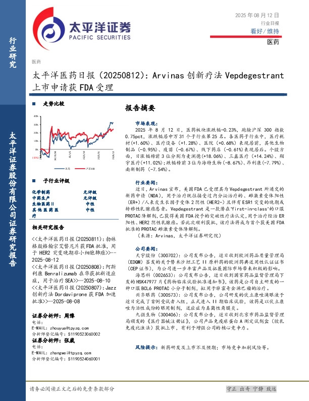 医药日报：Arvinas创新疗法Vepdegestrant上市申请获FDA受理