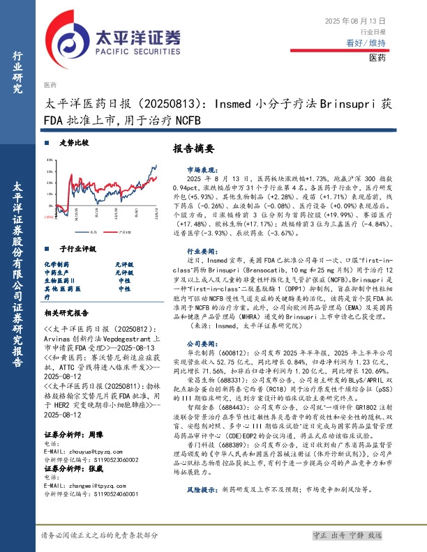 医药日报：Insmed小分子疗法Brinsupri获FDA批准上市,用于治疗NCFB