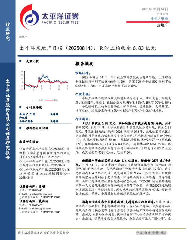 房地产日报：长沙土拍收金6.83亿元