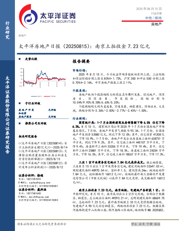 房地产日报：南京土拍收金7.23亿元