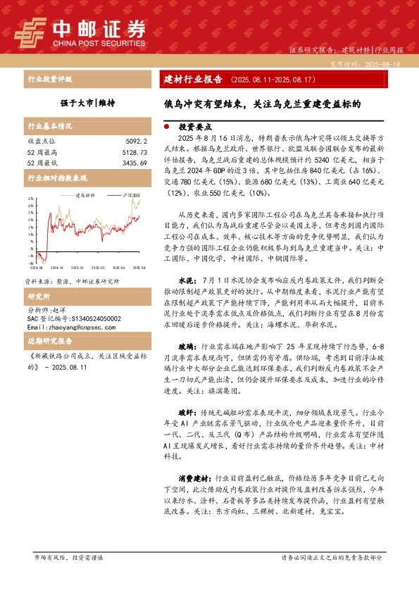 建材行业报告：俄乌冲突有望结束，关注乌克兰重建受益标的