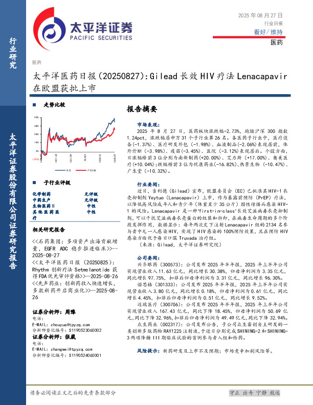 医药日报：Gilead长效HIV疗法Lenacapavir在欧盟获批上市