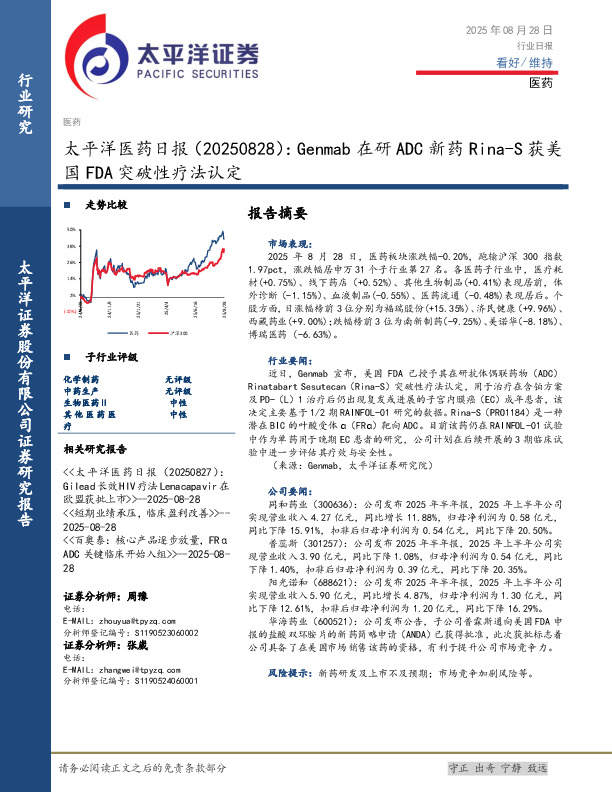 医药日报：Genmab在研ADC新药Rina-S获美国FDA突破性疗法认定