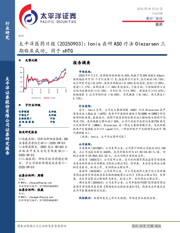 医药日报：Ionis在研ASO疗法Olezarsen三期临床成功，用于sHTG