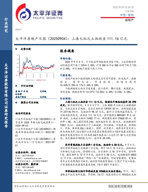 房地产日报：上海七批次土拍收金111.16亿元