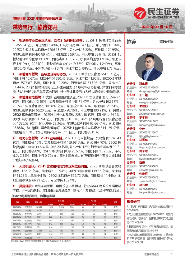 电新行业2025年半年报业绩总结：乘势笃行，静待花开