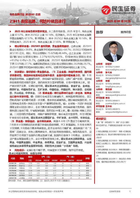 有色金属行业2025H1总结：25H1表现亮眼，何妨吟啸且徐行