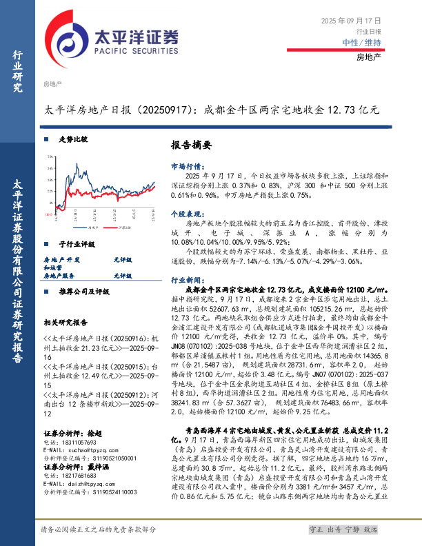 房地产日报：成都金牛区两宗宅地收金12.73亿元