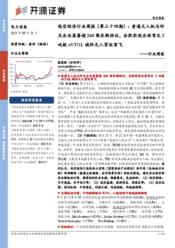 电力设备行业周报：低空经济行业周报（第三十四期）：壹通无人机与印尼企业签署超260架采购协议，合肥实现全球首次2吨级eVTOL城际无人货运首飞