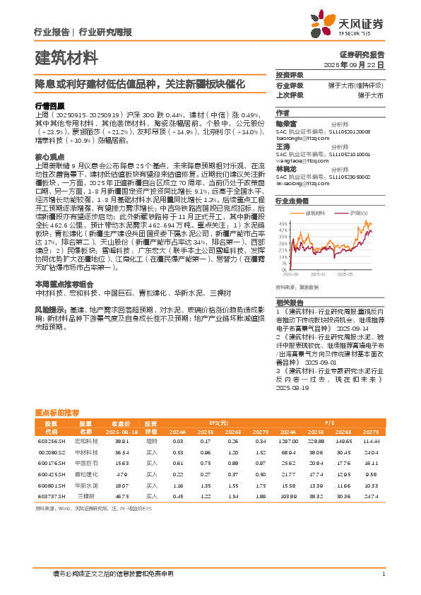 建筑材料行业研究周报：降息或利好建材低估值品种，关注新疆板块催化