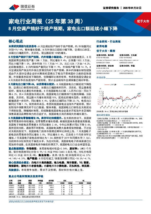 家电行业周报（25年第38周）：8月空调产销好于排产预期，家电出口额延续小幅下降