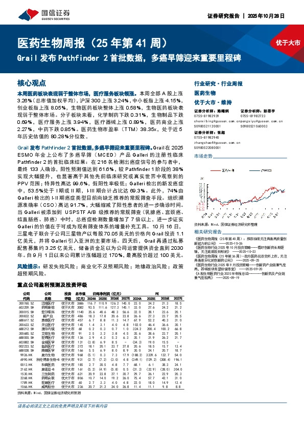 医药生物行业周报（25年第41周）：Grail发布Pathfinder 2首批数据，多癌早筛迎来重要里程碑
