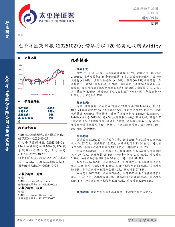 医药日报：诺华将以120亿美元收购Avidity