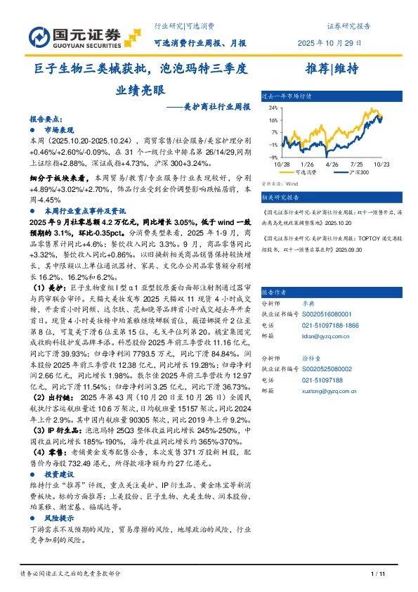 美护商社行业周报：巨子生物三类械获批，泡泡玛特三季度业绩亮眼