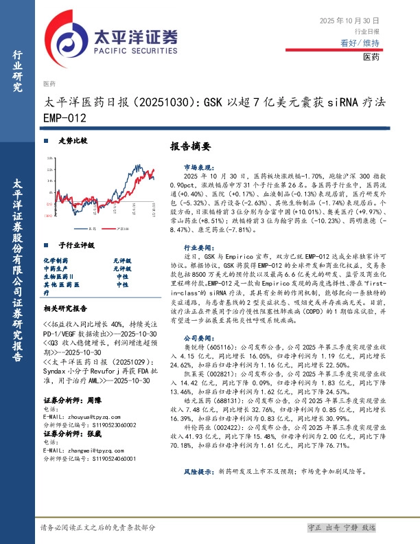 医药日报：GSK以超7亿美元囊获siRNA疗法EMP-012