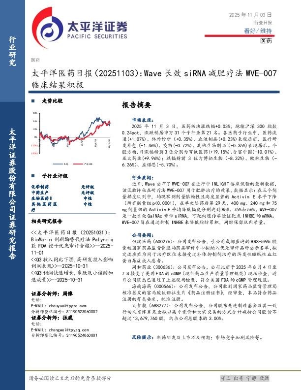 医药日报：Wave长效siRNA减肥疗法WVE-007临床结果积极