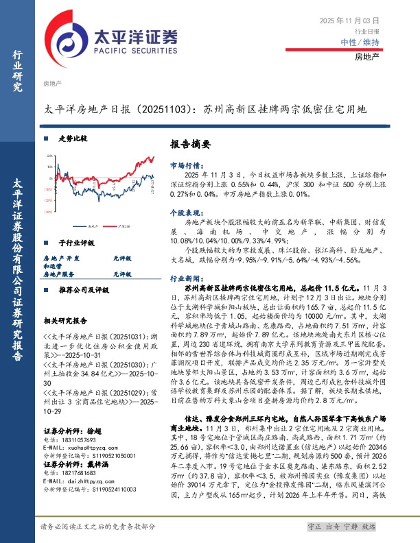 房地产日报：苏州高新区挂牌两宗低密住宅用地
