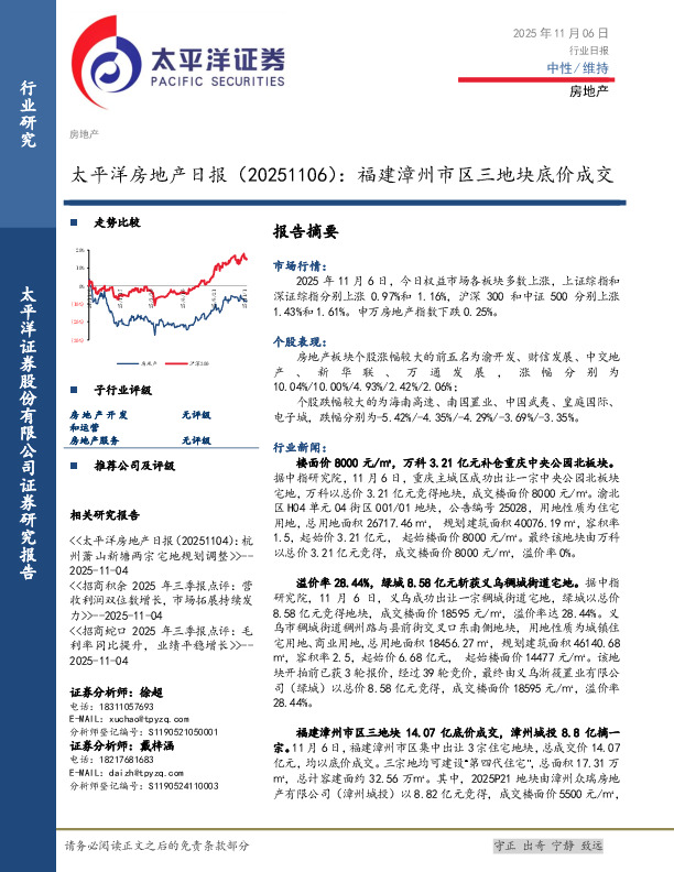 房地产日报：福建漳州市区三地块底价成交