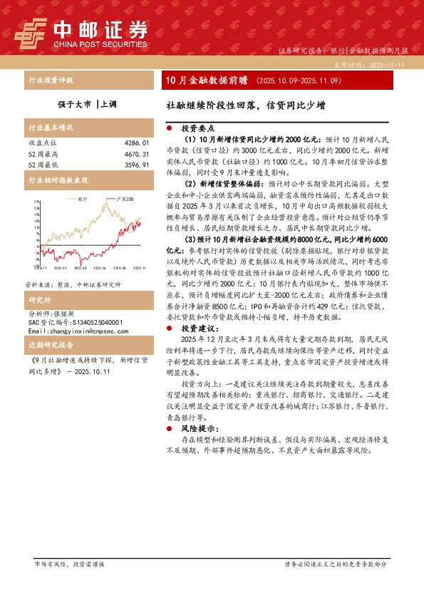 10月金融数据前瞻：社融继续阶段性回落，信贷同比少增