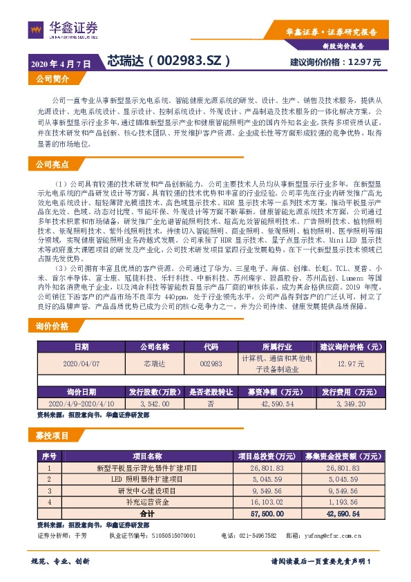 新股询价报告:芯瑞达