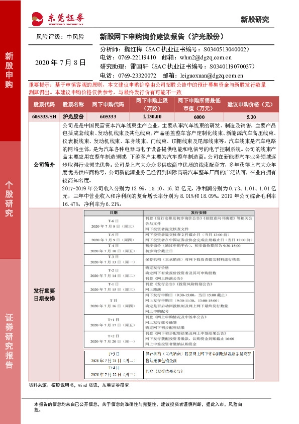 新股网下申购询价建议报告(沪光股份)