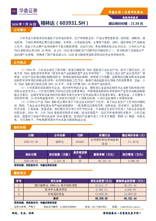 新股询价定价报告：格林达