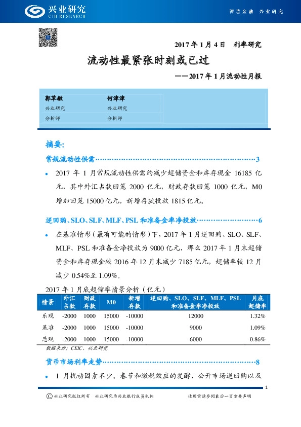 2017年1月流动性月报:流动性最紧张时刻或已过