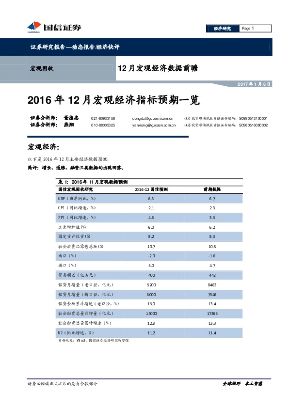 12月宏观经济数据前瞻:2016年12月宏观经济指标预期一览