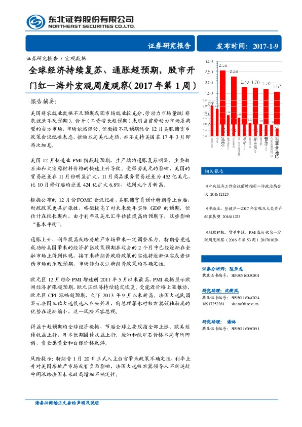 海外宏观周度观察2017年第1周:全球经济持续复苏、通胀超预期,股市开门红