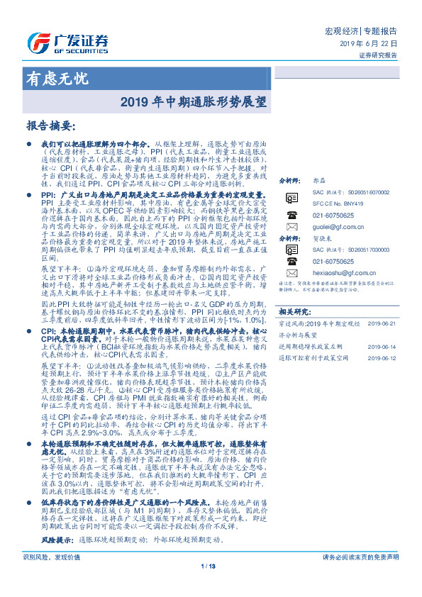 2019年中期通胀形势展望：有虑无忧