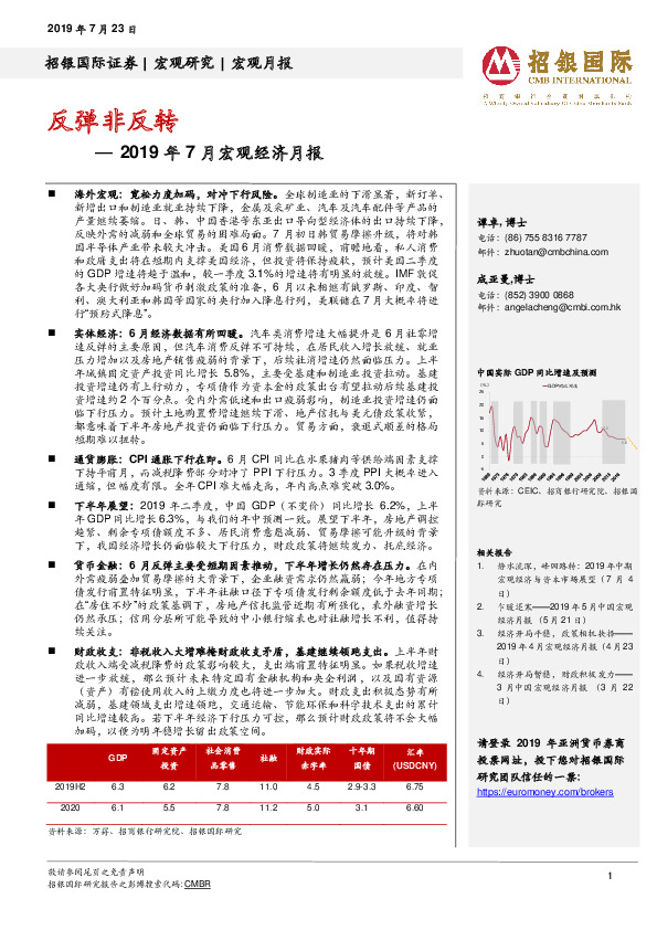 2019年7月宏观经济月报：反弹非反转
