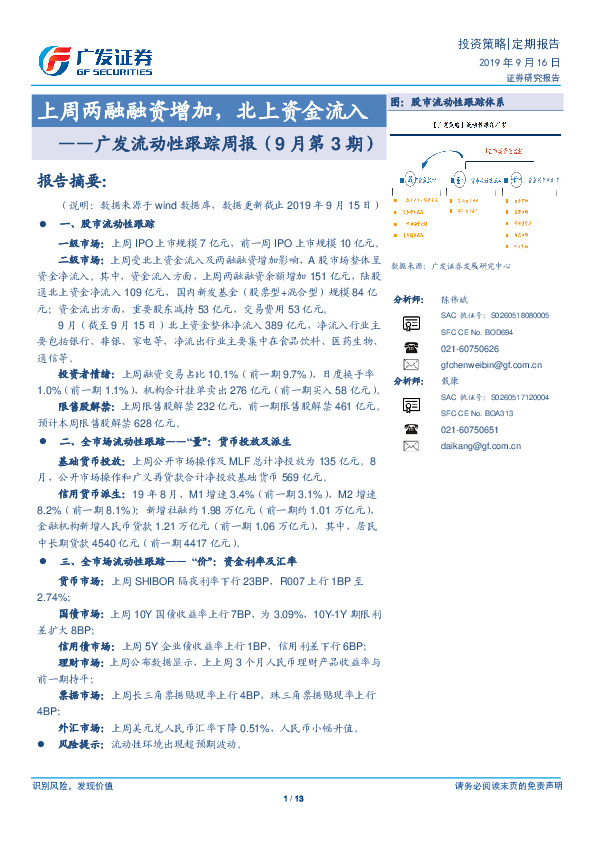 广发流动性跟踪周报（9月第3期）：上周两融融资增加，北上资金流入
