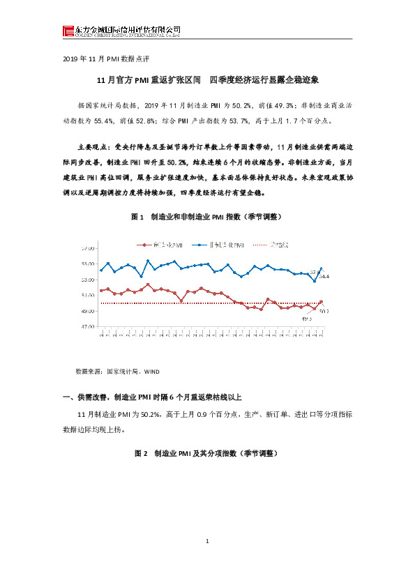 2019年11月PMI数据点评：11月官方PMI重返扩张区间 四季度经济运行显露企稳迹象