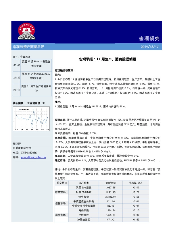宏观早报：11月生产、消费数据偏强
