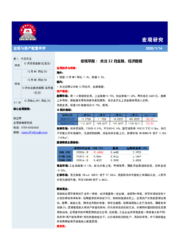 宏观早报：关注12月金融、经济数据