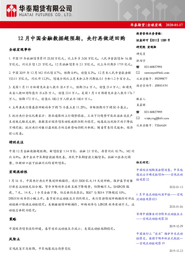 全球宏观：12月中国金融数据超预期，央行再做逆回购