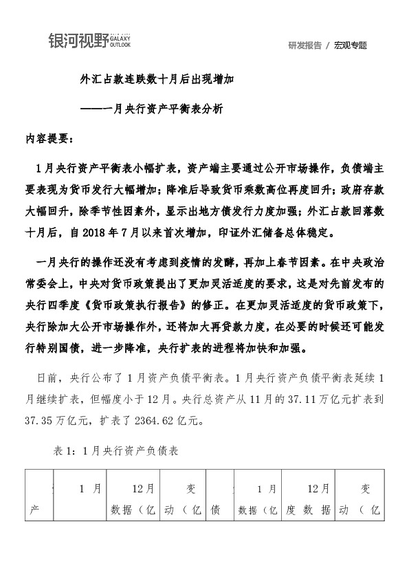 一月央行资产平衡表分析：外汇占款连跌数十月后出现增加