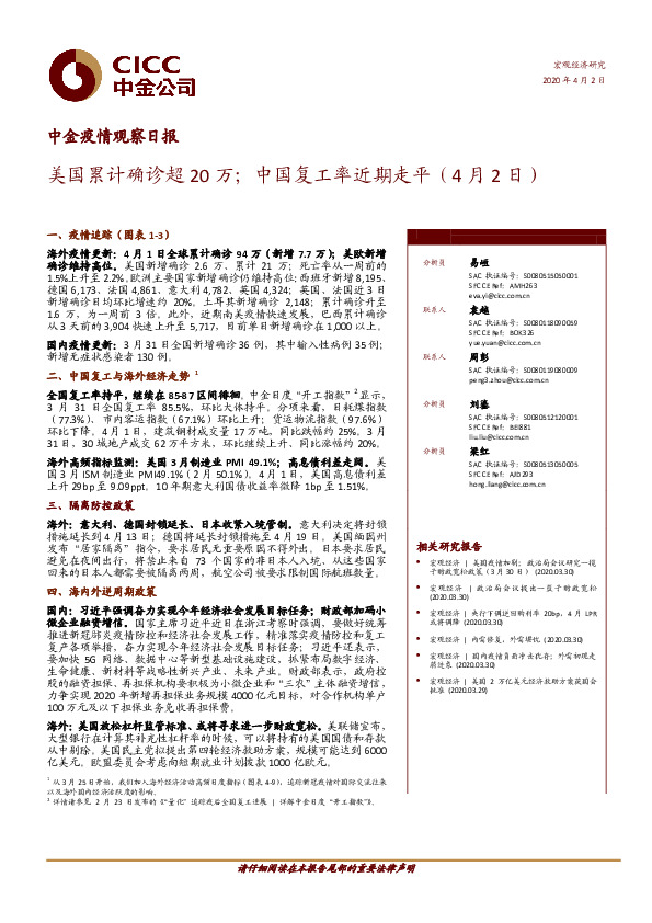 中金疫情观察日报：美国累计确诊超20万；中国复工率近期走平