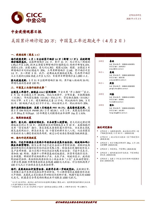 中金疫情观察日报：美国累计确诊超20万；中国复工率近期走平