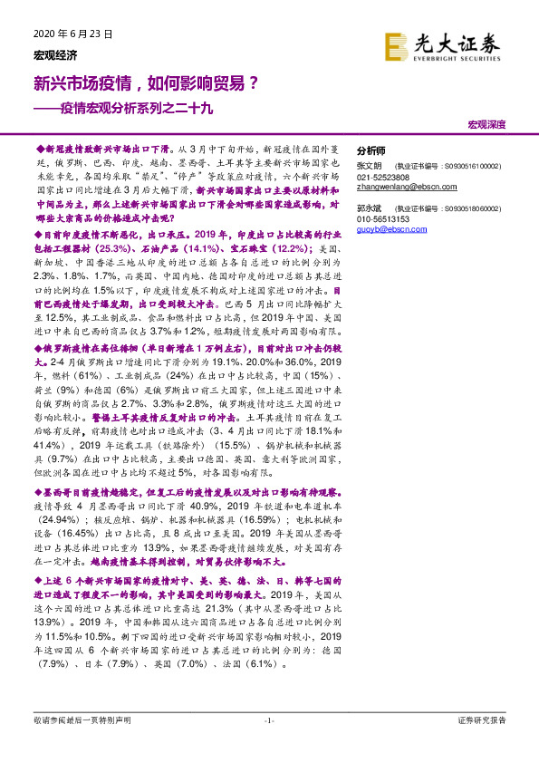 疫情宏观分析系列之二十九：新兴市场疫情，如何影响贸易？