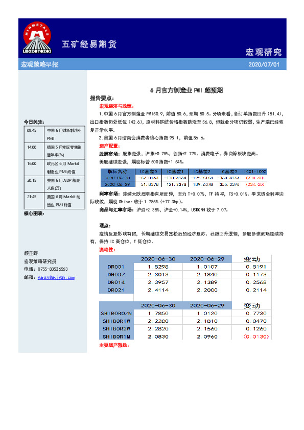 宏观策略早报：6月官方制造业PMI超预期