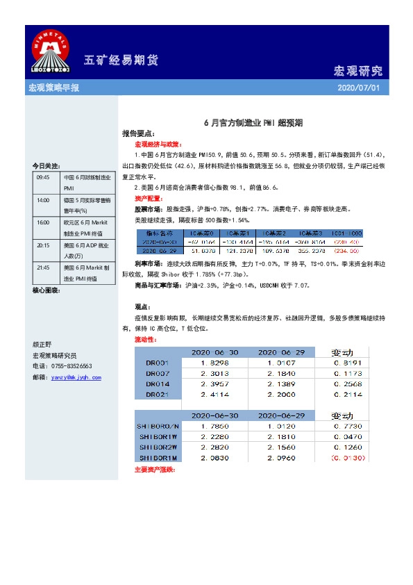 宏观策略早报：6月官方制造业PMI超预期