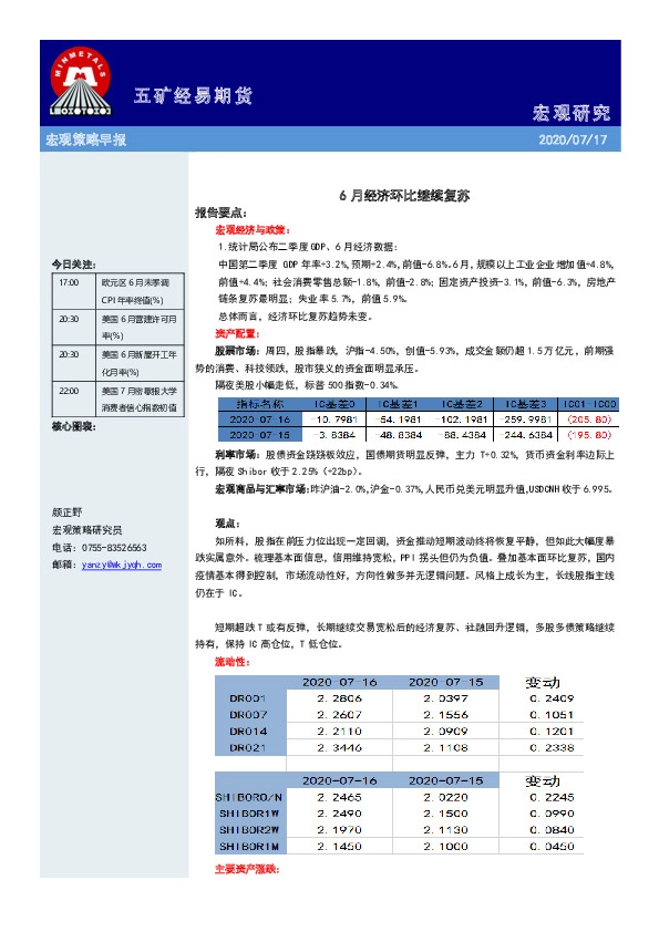 宏观策略早报：6月经济环比继续复苏