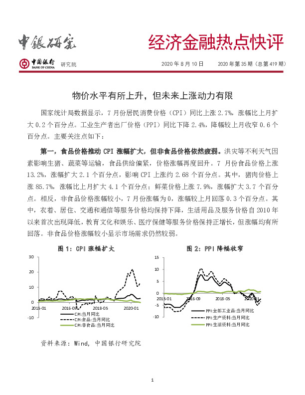 经济金融热点快评2020年第35期（总第419期）：物价水平有所上升，但未来上涨动力有限