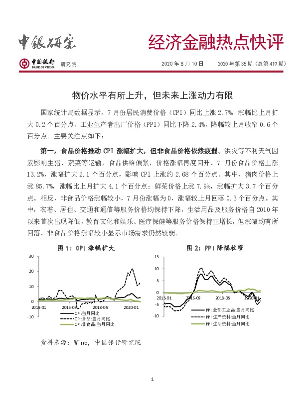 经济金融热点快评2020年第35期（总第419期）：物价水平有所上升，但未来上涨动力有限