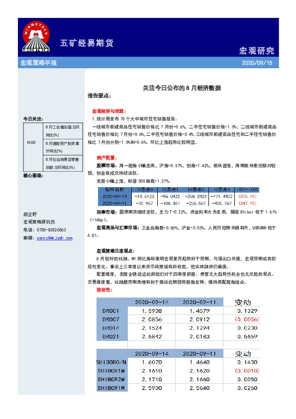 宏观策略早报：关注今日公布的8月经济数据