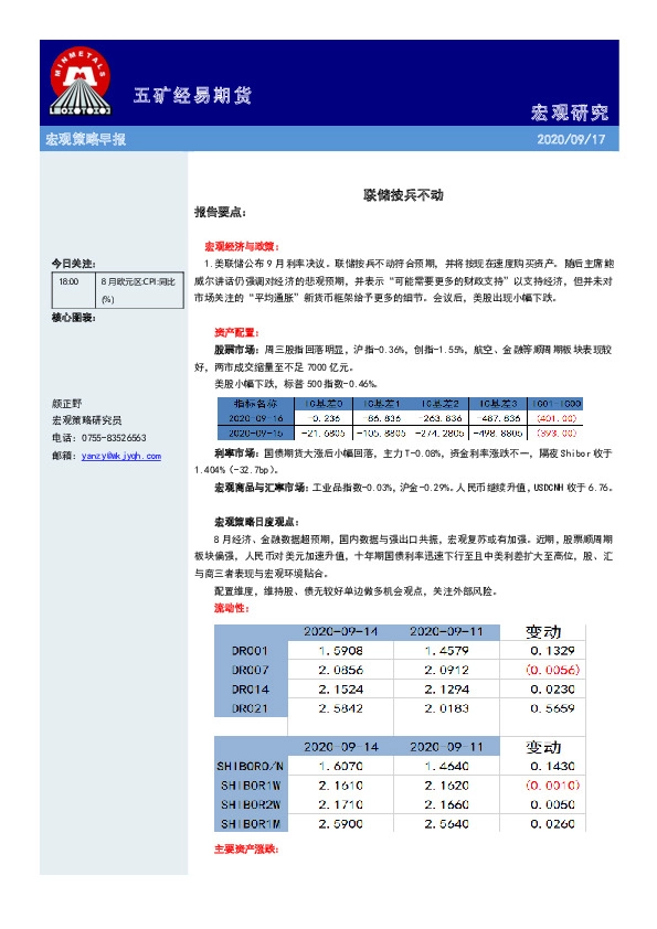 宏观策略早报：联储按兵不动